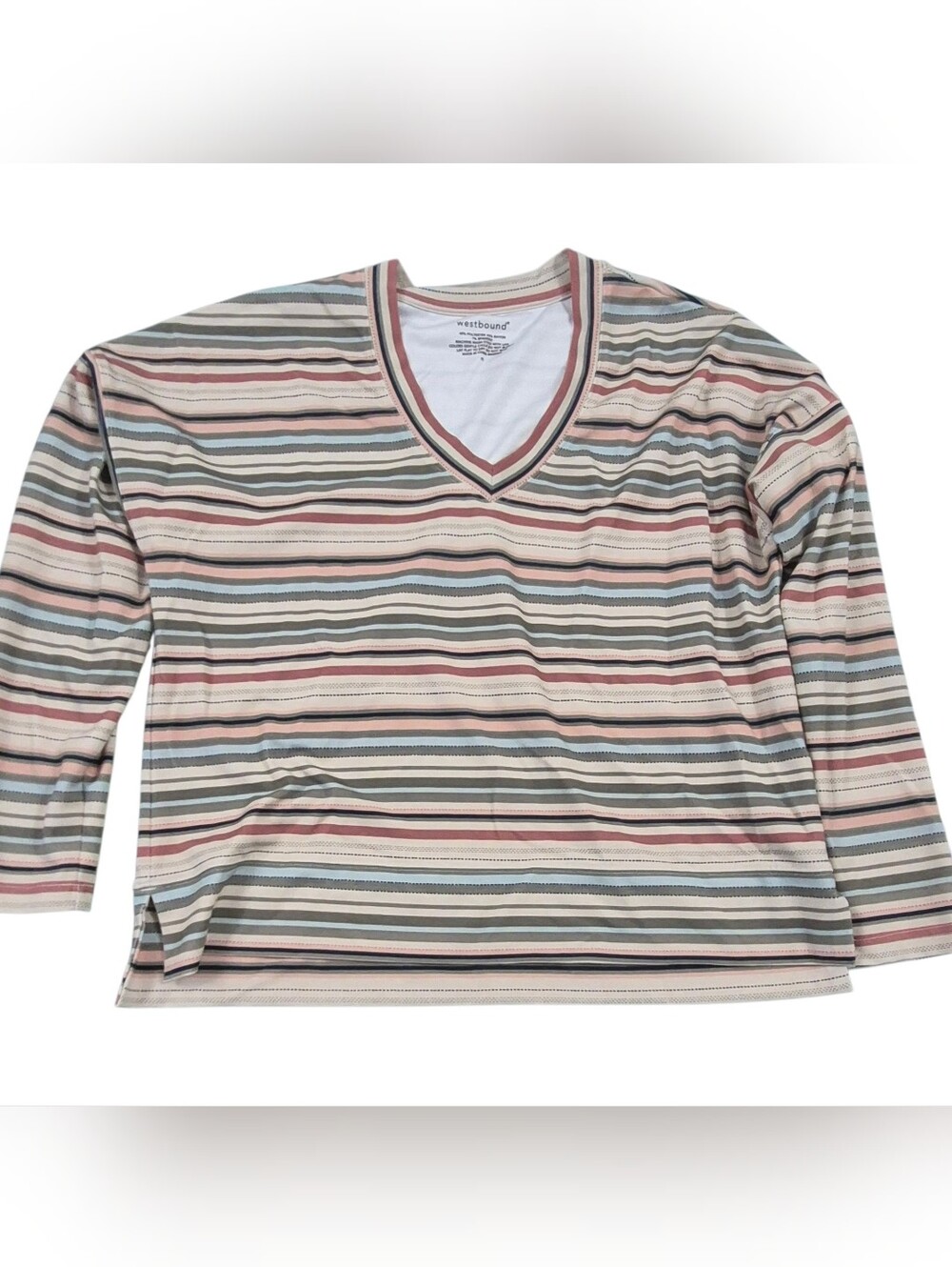 Westbound Women’s V-Neck Long Sleeve Blouse - Cream, Pink, Blue, Gray - Picture 3 of 6